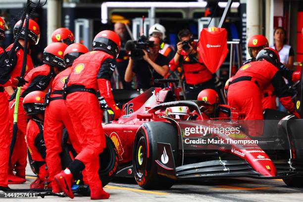 Charles Leclerc of Monaco and Ferrari stops in the Pitlane during the F1 Grand Prix of Brazil at Autodromo Jose Carlos Pace on November 13, 2022 in...