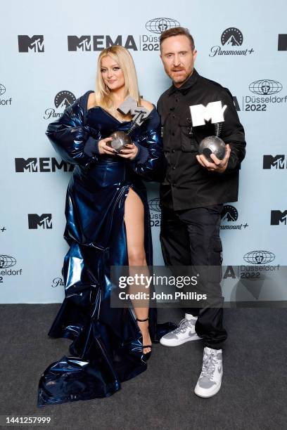 Bebe Rexha and David Guetta pose with the Best Collaboration award during the MTV Europe Music Awards 2022 held at PSD Bank Dome on November 13, 2022...