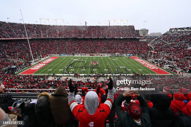 The Ohio State Marching Band performs prior to a game between the Ohio State Buckeyes and the Indiana Hoosiers at Ohio Stadium on November 12, 2022...