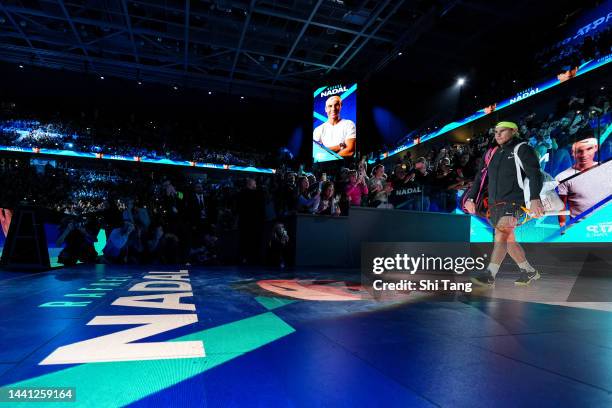 Rafael Nadal of Spain walks to the court before his Round Robin Singles match against Taylor Fritz of The United States during day one of the Nitto...