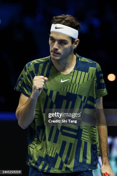 Taylor Fritz of The United States reacts during his Round Robin Singles match against Rafael Nadal of Spain during day one of the Nitto ATP Finals at...