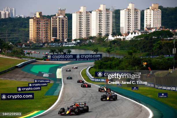 Max Verstappen of the Netherlands driving the Oracle Red Bull Racing RB18 leads Sergio Perez of Mexico driving the Oracle Red Bull Racing RB18 during...