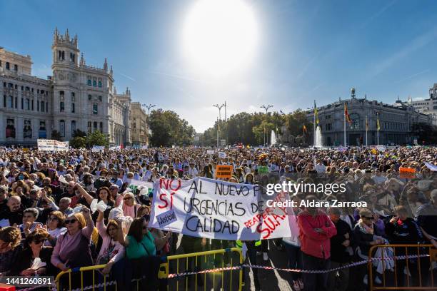 Protestors attend a demonstration for defence of the Health System on November 13, 2022 in Madrid, Spain. Isabel Diaz Ayuso, President of the...