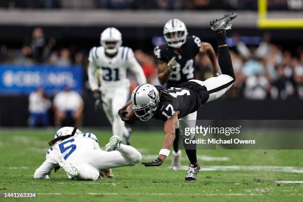 Davante Adams of the Las Vegas Raiders dives after running during an NFL game between the Las Vegas Raiders and the Indianapolis Colts at Allegiant...