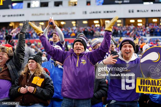 Minnesota Vikings fans cheer during their game against the Buffalo Bills at Highmark Stadium on November 13, 2022 in Orchard Park, New York.