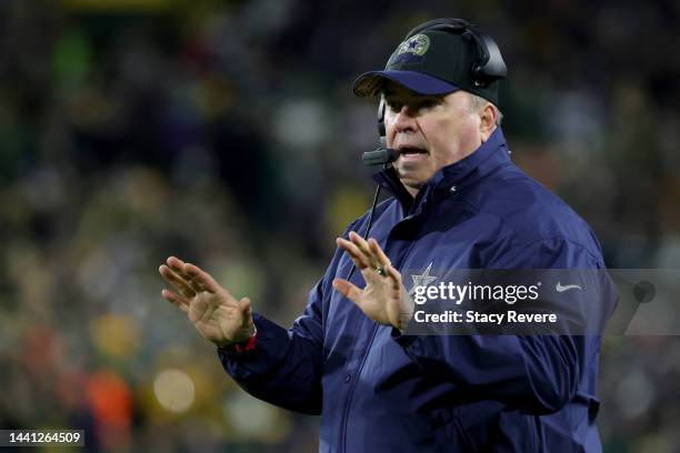 Head coach Mike McCarthy of the Dallas Cowboys reacts during the second quarter against the Green Bay Packers at Lambeau Field on November 13, 2022...