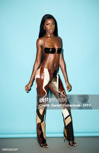 Leomie Anderson poses during a portrait session during the MTV Europe Music Awards 2022 held at PSD Bank Dome on November 13, 2022 in Duesseldorf,...