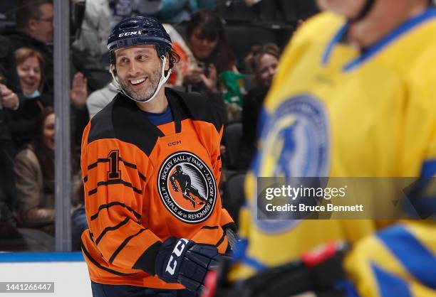 Roberto Luongo celebrates his goal during the HHoF Legends Classic game at the Scotiabank Arena on November 13, 2022 in Toronto, Ontario, Canada. The...