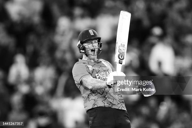 Ben Stokes of England celebrates victory in the ICC Men's T20 World Cup Final match between Pakistan and England at the Melbourne Cricket Ground on...