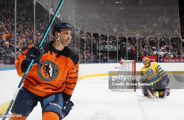 Roberto Luongo celebrates one of his two goals during the HHoF Legends Classic game at the Scotiabank Arena on November 13, 2022 in Toronto, Ontario,...