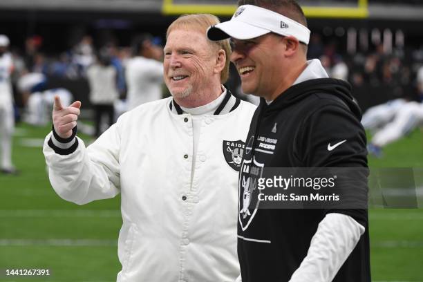 Las Vegas Owner Mark Davis speaks with Head coach Josh McDaniels prior to the game against the Indianapolis Colts at Allegiant Stadium on November...