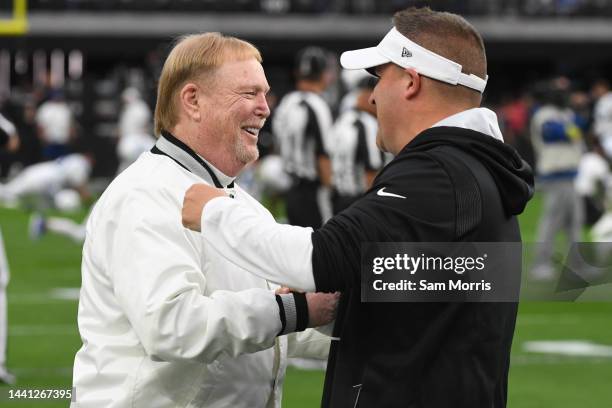 Las Vegas Owner Mark Davis speaks with Head coach Josh McDaniels prior to the game against the Indianapolis Colts at Allegiant Stadium on November...