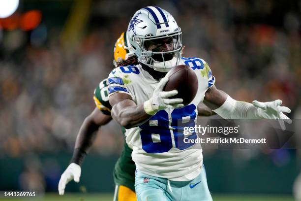 CeeDee Lamb of the Dallas Cowboys scores a touchdown during the third quarter against the Green Bay Packers at Lambeau Field on November 13, 2022 in...