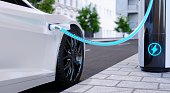 High-speed charging station for electric vehicles on city streets with blue energy battery charging. Fuel power and transportation industry concept. 3D illustration rendering