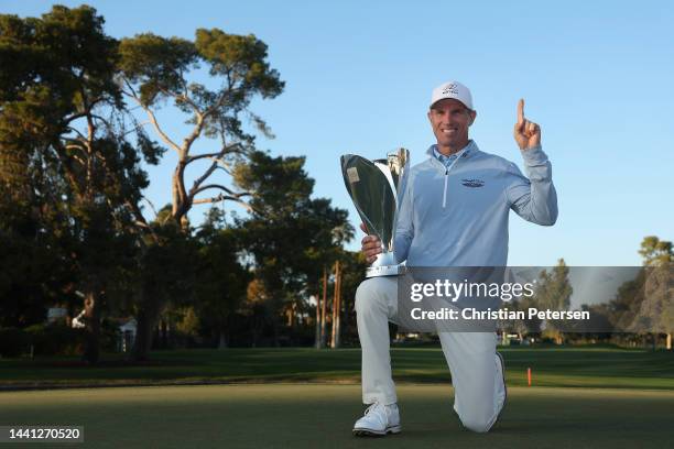 Steven Alker of New Zealand poses with the Charles Schwab Cup following the final round the Charles Schwab Cup Championship at Phoenix Country Club...