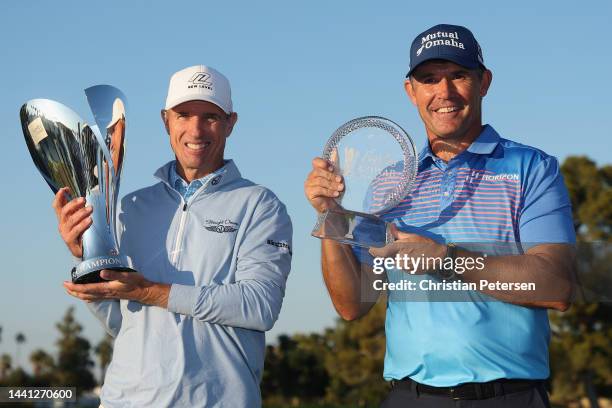 Steven Alker of New Zealand poses with the Charles Schwab Cup and Padraig Harrington of Ireland poses with the Charles Schwab Cup Championship trophy...