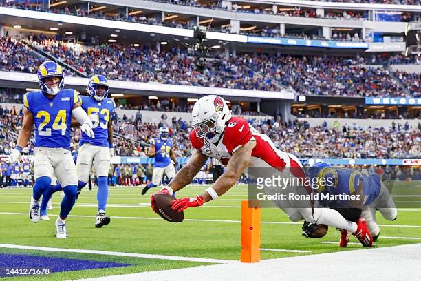 James Conner of the Arizona Cardinals scores a touchdown in the fourth quarter of the game against the Los Angeles Rams at SoFi Stadium on November...