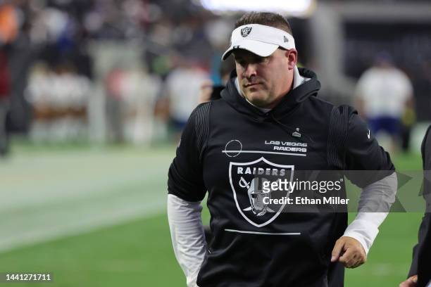 Head coach Josh McDaniels of the Las Vegas Raiders walks off the field after his team's 25-20 loss to the Indianapolis Colts at Allegiant Stadium on...