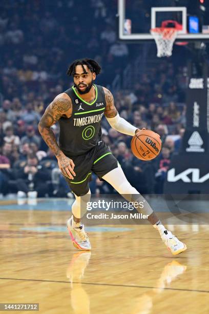 Angelo Russell of the Minnesota Timberwolves drives to the basket during the first quarter against the Cleveland Cavaliers at Rocket Mortgage...