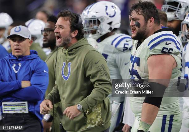 Interim head coach Jeff Saturday and Quenton Nelson of the Indianapolis Colts react on the sideline during the second half of the game against the...