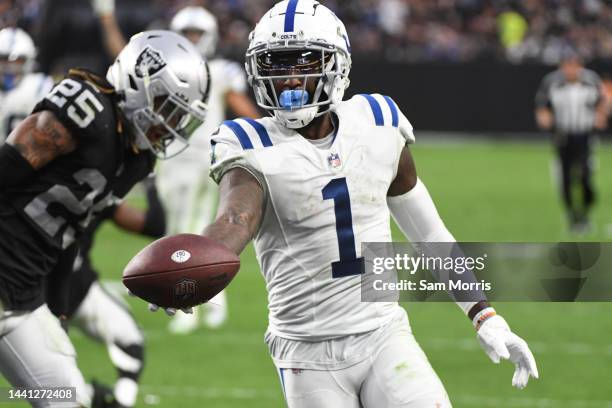 Parris Campbell of the Indianapolis Colts scores a touchdown during the fourth quarter of the game against the Las Vegas Raiders at Allegiant Stadium...