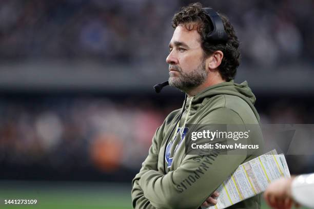 Interim Head coach Jeff Saturday of the Indianapolis Colts looks on during the fourth quarter in the game against the Las Vegas Raiders at Allegiant...