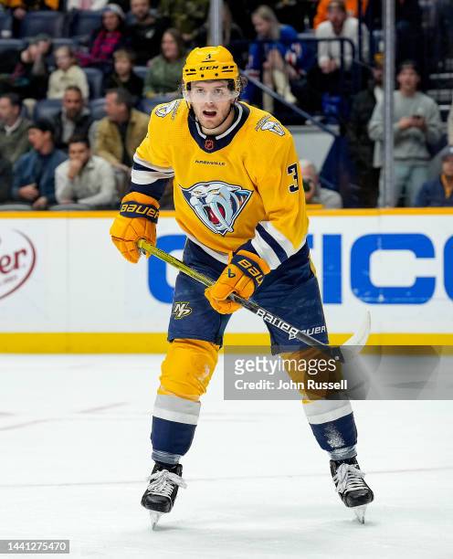 Jeremy Lauzon of the Nashville Predators skates against the New York Rangers during an NHL game at Bridgestone Arena on November 12, 2022 in...