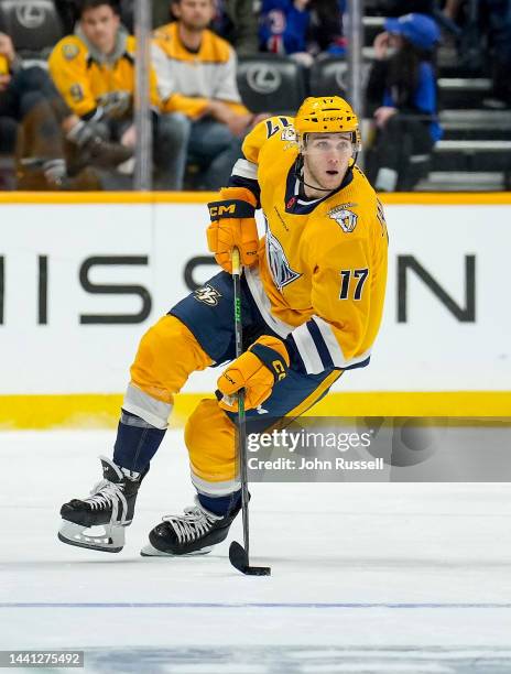 Mark Jankowski of the Nashville Predators skates against the New York Rangers during an NHL game at Bridgestone Arena on November 12, 2022 in...