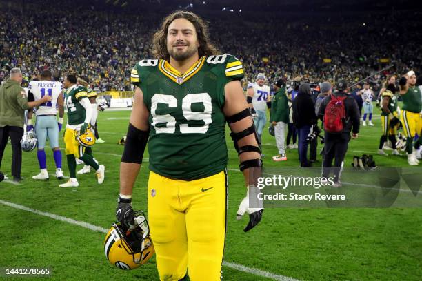 David Bakhtiari of the Green Bay Packers on the field after a win over the Dallas Cowboys at Lambeau Field on November 13, 2022 in Green Bay,...