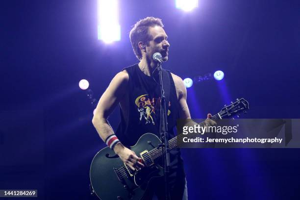 Sébastien Lefebvre of Simple Plan performs at Meridian Centre on November 13, 2022 in St. Catharines, Ontario.