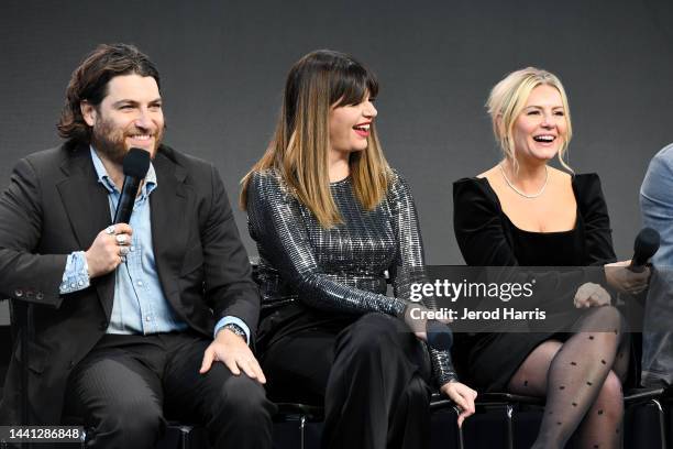 Adam Pally, Casey Wilson and Elisha Cuthbert speak onstage at What the Hell Have the Happy Endings Friends Been Up To? during New York Magazine's...