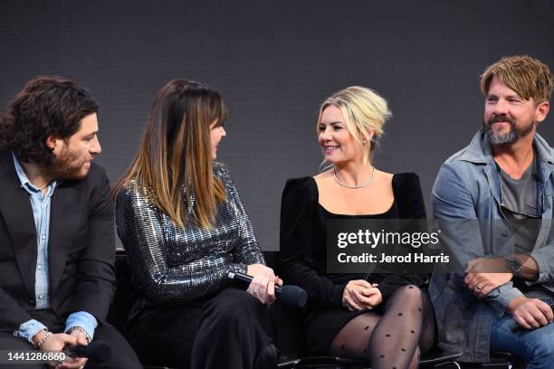 Adam Pally, Casey Wilson, Elisha Cuthbert and Zach Knighton speak onstage at What the Hell Have the Happy Endings Friends Been Up To? during New York...