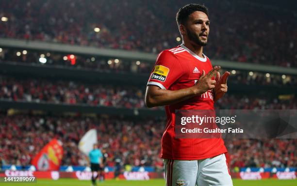 Goncalo Ramos of SL Benfica celebrates after scoring a goal during the Liga Portugal Bwin match between SL Benfica and Gil Vicente at Estadio da Luz...