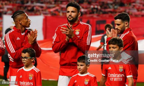 Goncalo Ramos of SL Benfica with teammates before the start of the Liga Portugal Bwin match between SL Benfica and Gil Vicente at Estadio da Luz on...