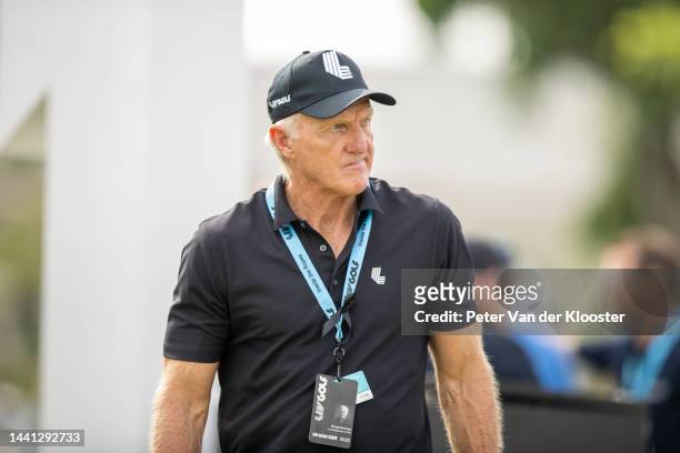 Greg Norman, CEO of LIV Golf, on the first hole during Day Three of the LIV Golf Invitational - Bangkok at Stonehill Golf Course on October 09, 2022...
