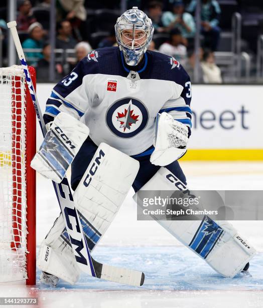 David Rittich of the Winnipeg Jets tends net during the second period against the Seattle Kraken at Climate Pledge Arena on November 13, 2022 in...