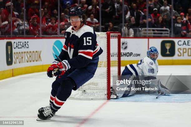 Sonny Milano of the Washington Capitals celebrates after scoring a goal against Andrei Vasilevskiy of the Tampa Bay Lightning during the second...