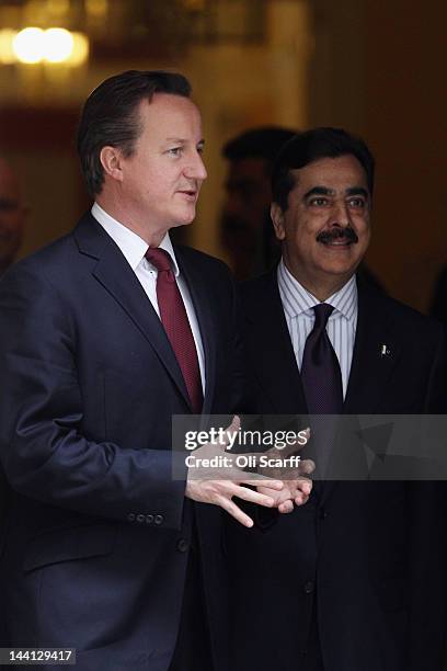 British Prime Minister David Cameron meets with Pakistani Prime Minister Yousuf Raza Gilani outside Number 10 Downing Street on May 10, 2012 in...