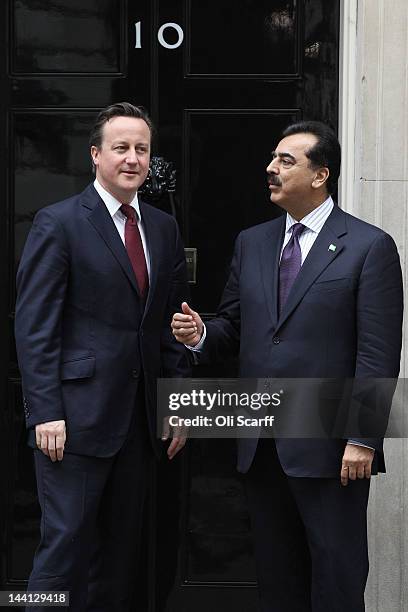 British Prime Minister David Cameron meets with Pakistani Prime Minister Yousuf Raza Gilani outside Number 10 Downing Street on May 10, 2012 in...