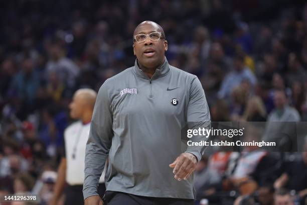 Mike Brown, head coach of the Sacramento Kings, looks on during the game against the Golden State Warriors at Golden 1 Center on November 13, 2022 in...