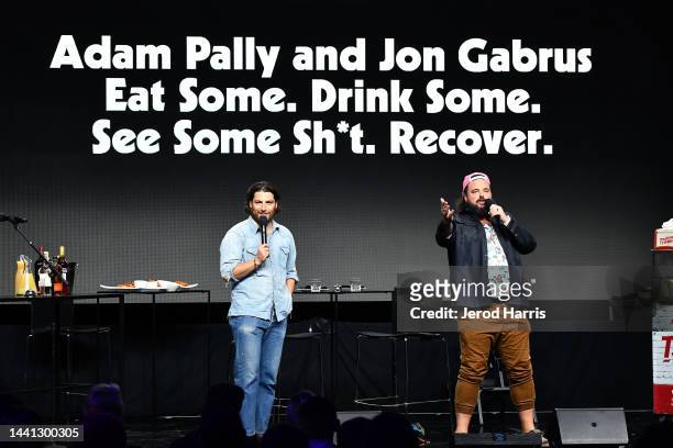 Adam Pally and Jon Gabrus speak onstage at Adam Pally and Jon Gabrus Eat Some. Drink Some. See Some Sh*t. Recover. During New York Magazine's Vulture...