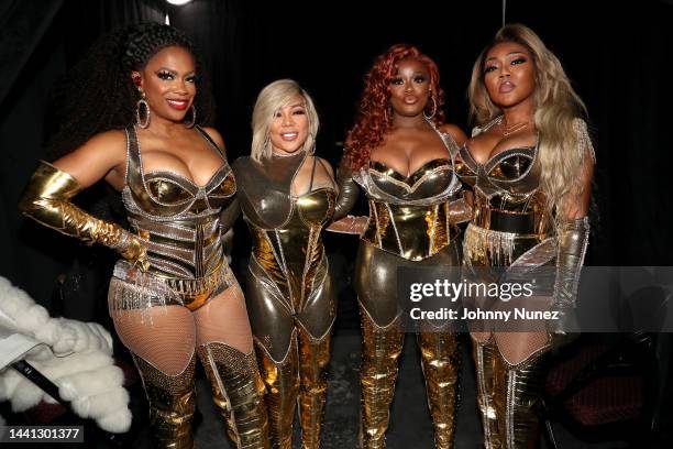 Kandi Burruss, Tameka Cottle, Tamika Scott and LaTocha Scott of Xscape perform onstage during the 2022 Soul Train Awards presented by BET at the...