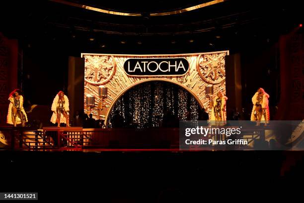 Kandi Burruss, Tamika Scott, Tameka Cottle and LaTocha Scott of Xscape perform onstage during the 2022 Soul Train Awards presented by BET at the...