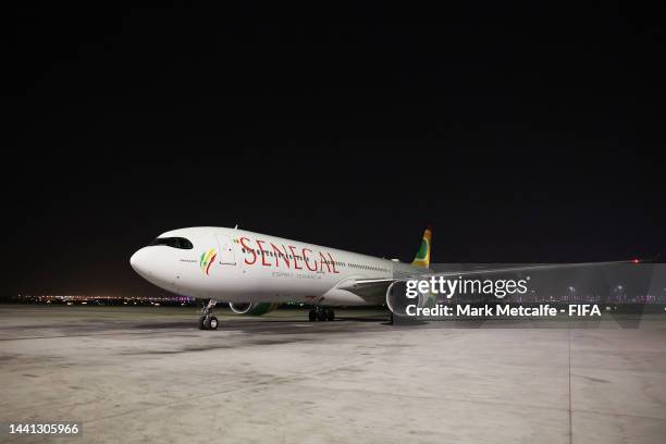 An aircraft is seen arriving with the national team of Senegal ahead of FIFA World Cup Qatar 2022 at Hamad International Airport on November 14, 2022...