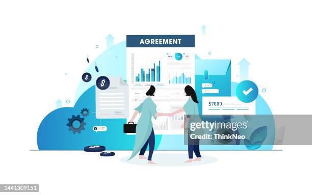 two businesswomen successfully signed a project cooperation agreement contract - title deed stock illustrations