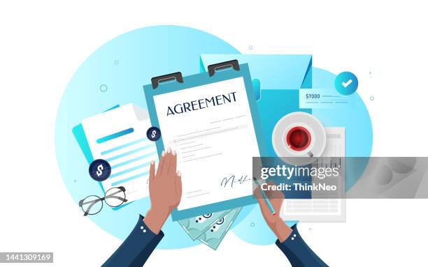 ilustraciones, imágenes clip art, dibujos animados e iconos de stock de firmar concepto de acuerdo de contrato - condición