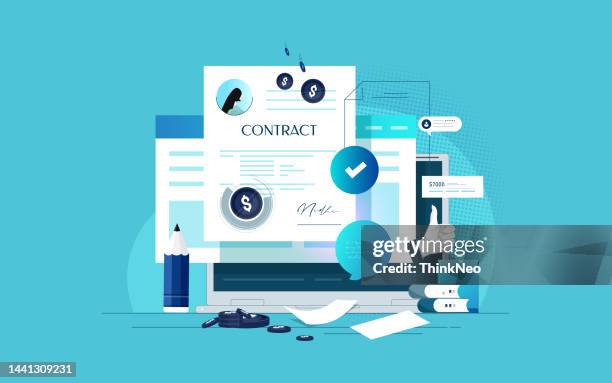 ilustrações, clipart, desenhos animados e ícones de assinatura de um conceito de contrato de negócios - julgamento conceito