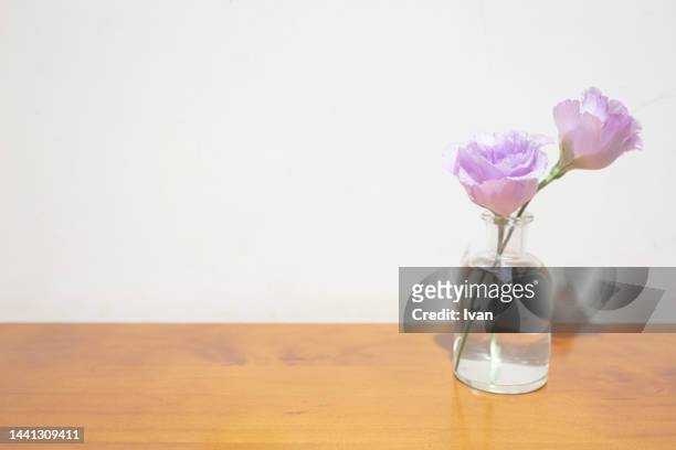 closeup of purple flower on wooden table against painted white wall - dying houseplant stock pictures, royalty-free photos & images