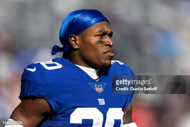 Darnay Holmes of the New York Giants on the field prior to the game against the Houston Texans at MetLife Stadium on November 13, 2022 in East...
