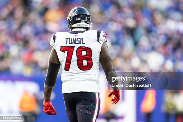 Laremy Tunsil of the Houston Texans looks on during the fourth quarter of the game against the New York Giants at MetLife Stadium on November 13,...